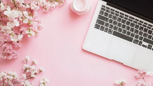 Ultralight laptop and florals on monochrome pink workspace.