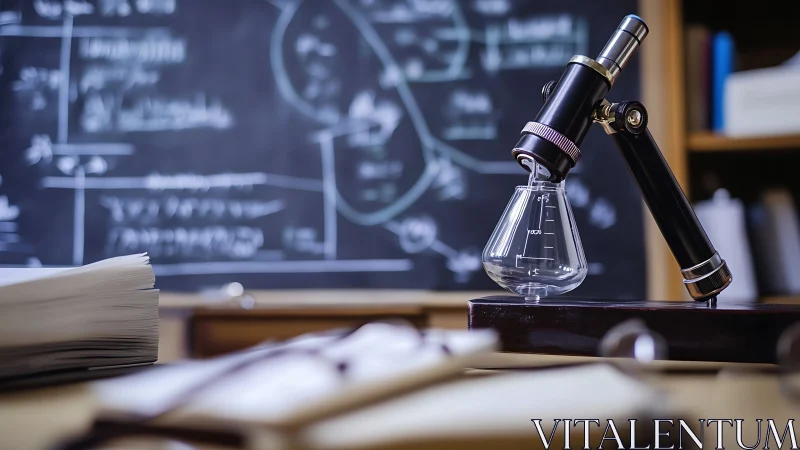 Vintage microscope rests beside glass flask in study lab.