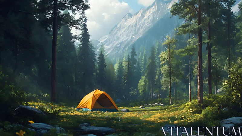 Alpine forest tent camp with mountains.