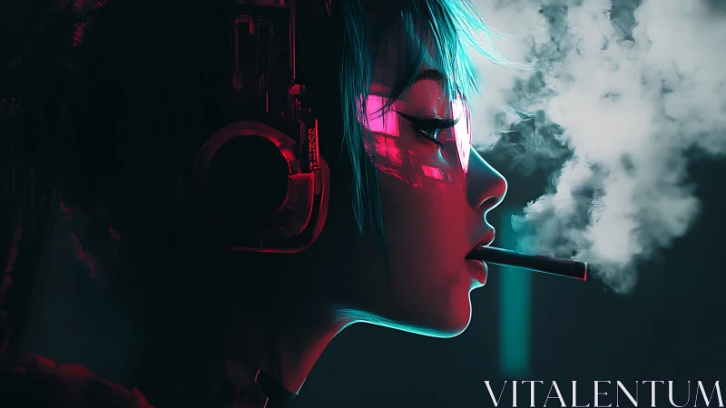 Neon lit cyber girl pausing in a cloud of electric calm.