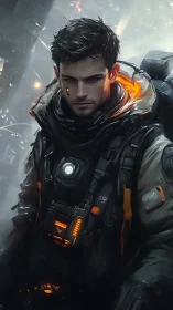 Brooding cyber scout in glowing tactical exosuit portrait.