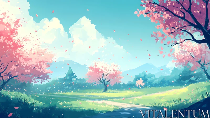 Spring meadow glows under drifting cherry blossoms.