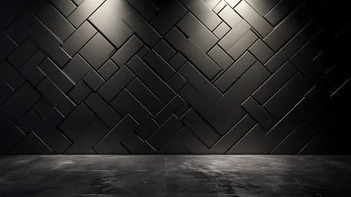 Dark geometric wall with spotlighted industrial floor scene.