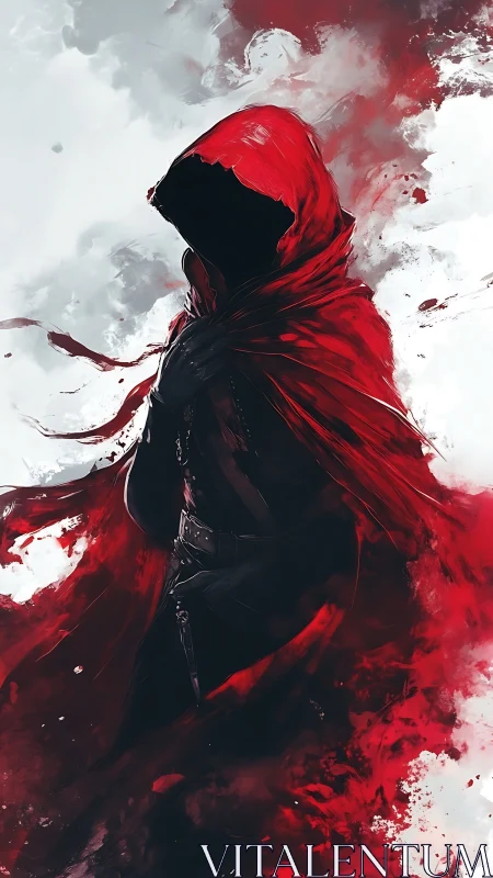 Hooded shadow figure in turbulent red cloak dispersion.