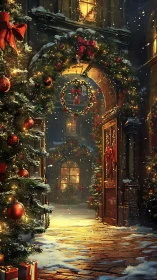 Snowy Christmas courtyard glows under festive archway lights