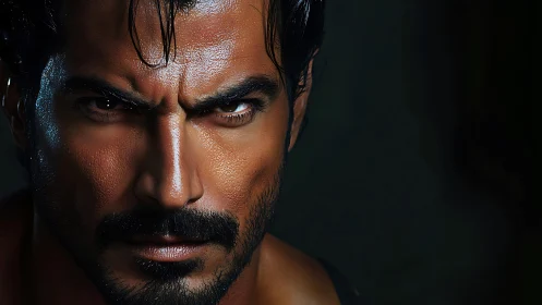 Intense male portrait under hard directional side lighting.