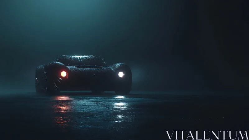 Moody retro sports car emerging through cinematic fog.