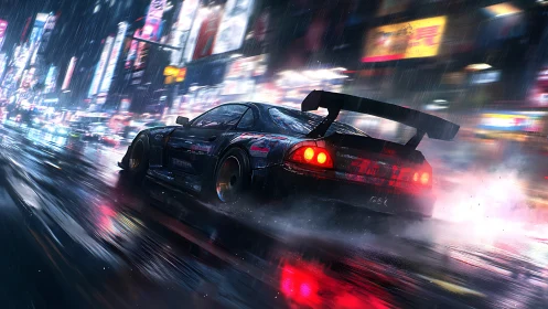 Neon rain racer carving light trails through midnight streets.