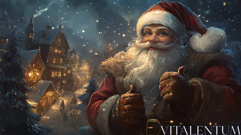 Highly rendered Santa portrait with illuminated snowy village depth