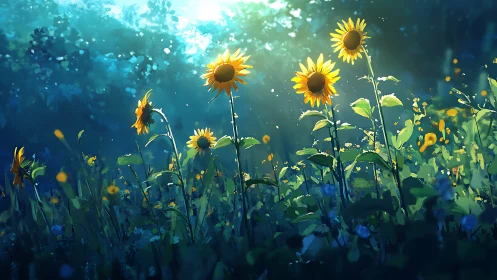 Backlit sunflower meadow under diffuse atmospheric scattering.
