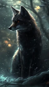 Midnight fox sentinel in ethereal winter forest glow.