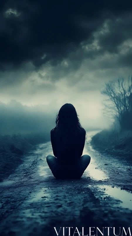 Silhouetted figure on wet rural path under storm-turbulent sky.