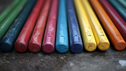 Macro closeup of worn cylindrical wax crayons aligned on concrete