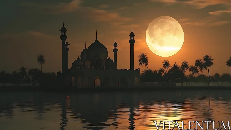 Moonlit mosque silhouette reflects over tranquil waters.