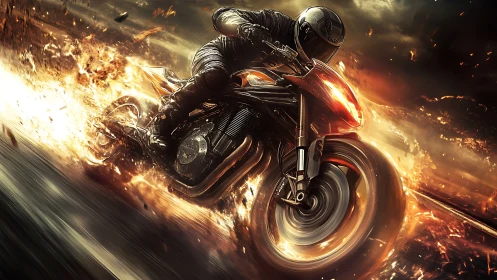 Motorcyclist racing through fire on dramatic highway scene.