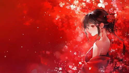 Crimson floral portrait of contemplative anime girl in profile.