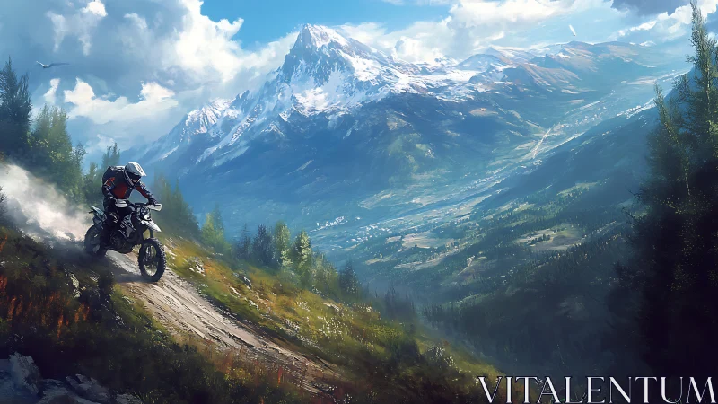 Trail rider chasing freedom beneath towering snowy peaks.