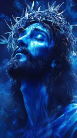 Blue-toned spiritual portrait with glowing thorn crown.