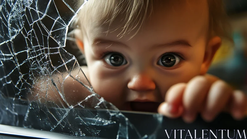 Infant gaze framed by fractured safety glass interface.