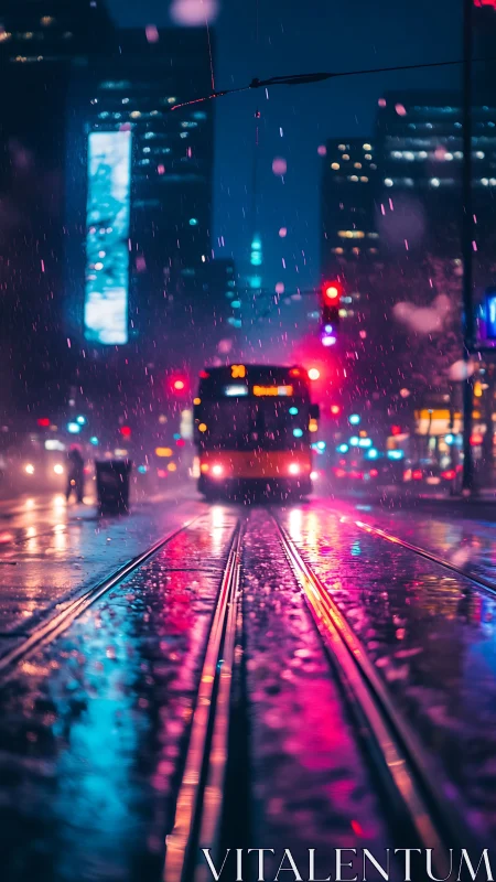Rain-slicked tram tracks drink neon as the city bus drifts