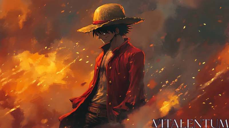Straw hat anime hero stands amid swirling orange flames.