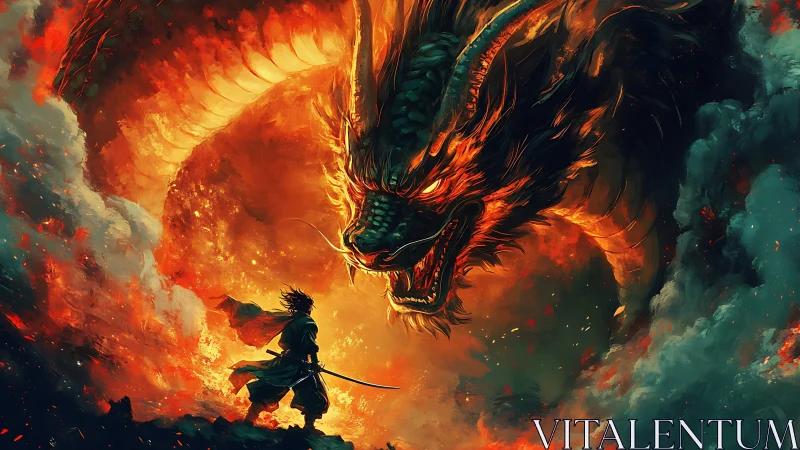 Flaming dragon confronts lone samurai amid swirling inferno.