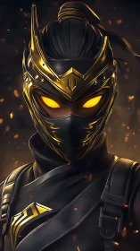Masked futuristic ninja portrait with glowing golden eyes