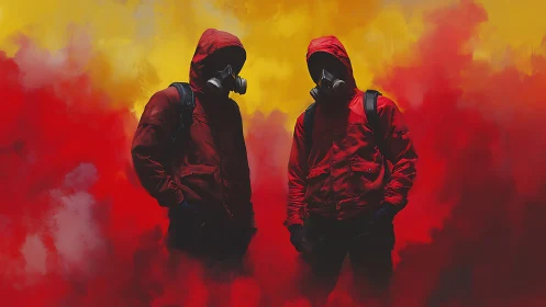 Two hooded figures in gas masks amid red and yellow haze.
