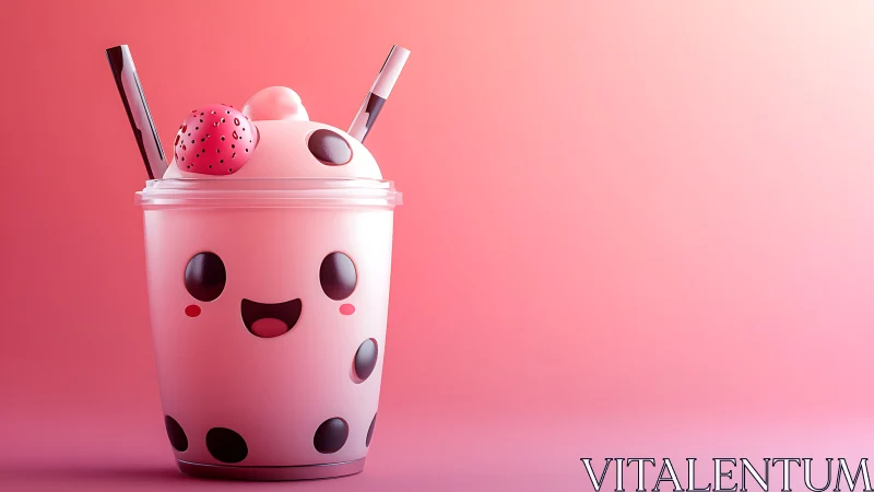 Kawaii pink boba smoothie cup in soft 3D render.