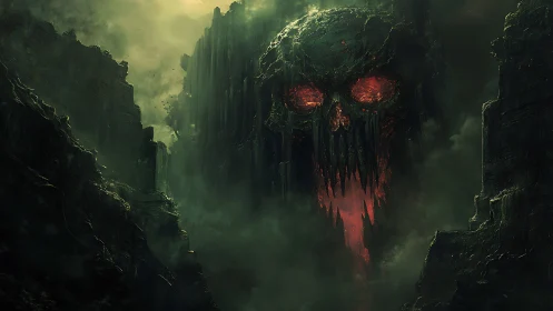 Dark cavern fortress shaped as burning skull visage.