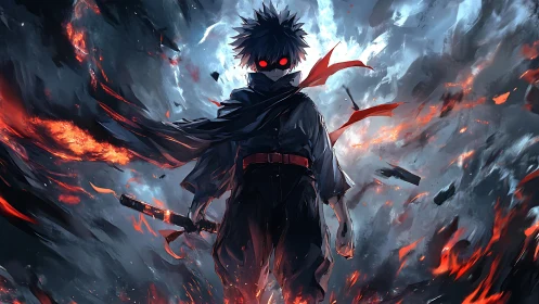 Backlit anime swordsman in eruptive embers and stormfire