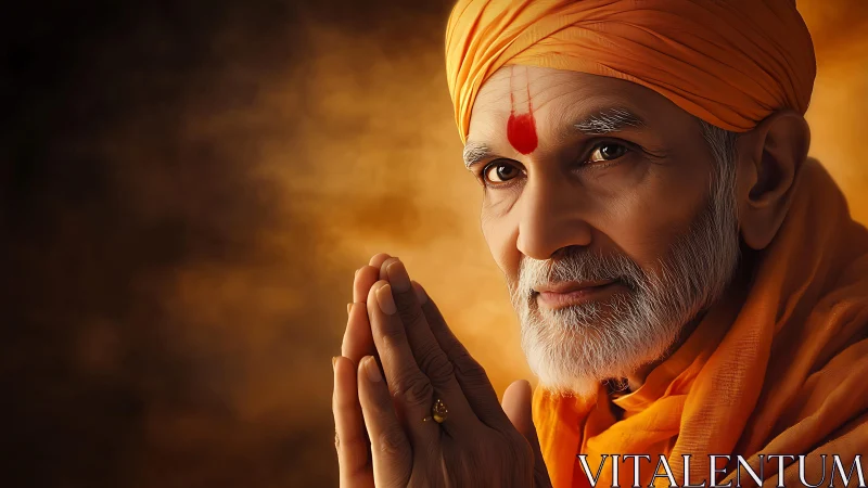 Elderly Hindu guru in saffron robes with folded hands in prayer