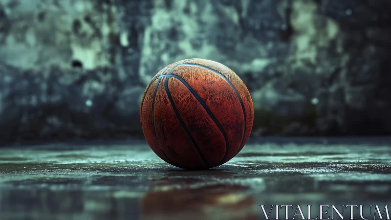 Weathered leather basketball on wet concrete court surface