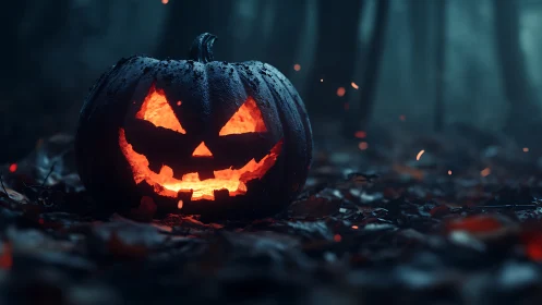Glowing jack o lantern burns on wet forest floor at night