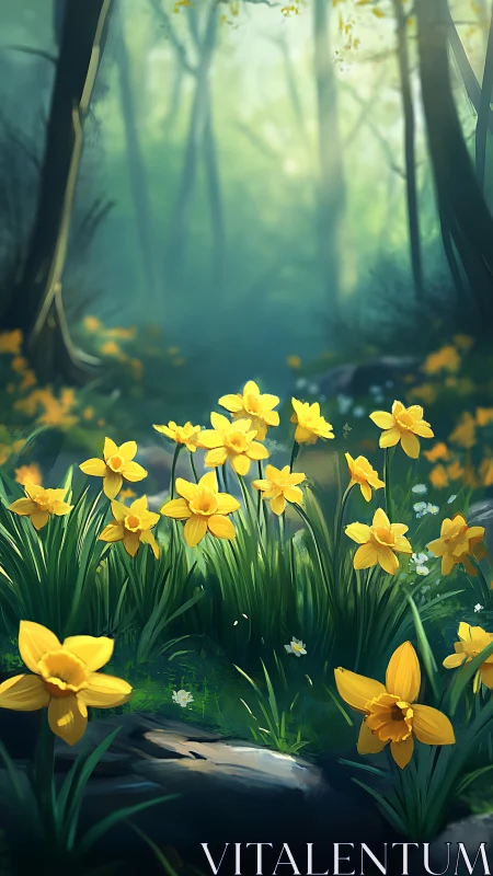 Golden daffodils glow in soft forest morning light