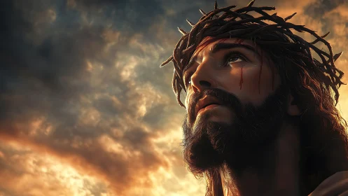 3D devotional portrait with crown of thorns and storm sky.