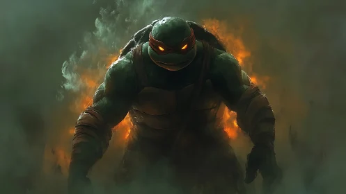 Brooding mutant warrior stalks through ember-soaked smoke.