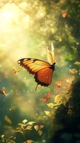Orange butterflies in sunlit forest clearing environment.