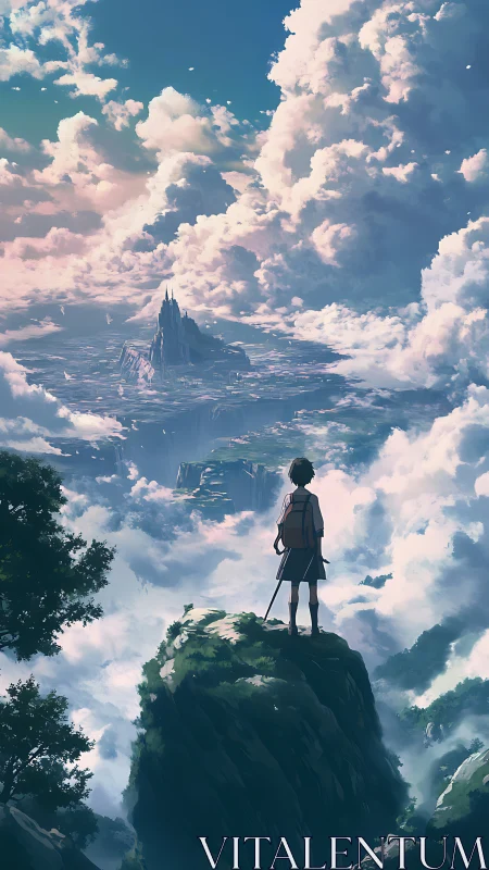 Solitary figure on cliff overlooking distant cloud city.