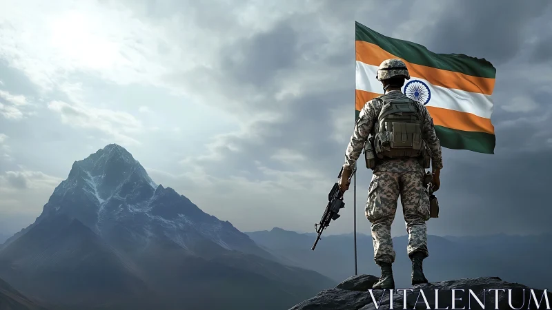 Indian soldier stands guard with flag over dramatic peaks.