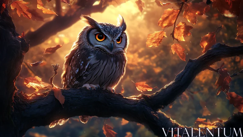 Majestic Owl on Autumn Branch in Warm, Dreamy Digital Art Style.