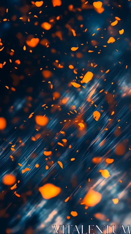 Suspended particles moving through dark blue space with orange glow.