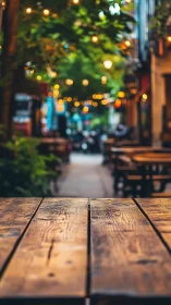 Shallow depth of field isolates weathered café table in bokeh alley