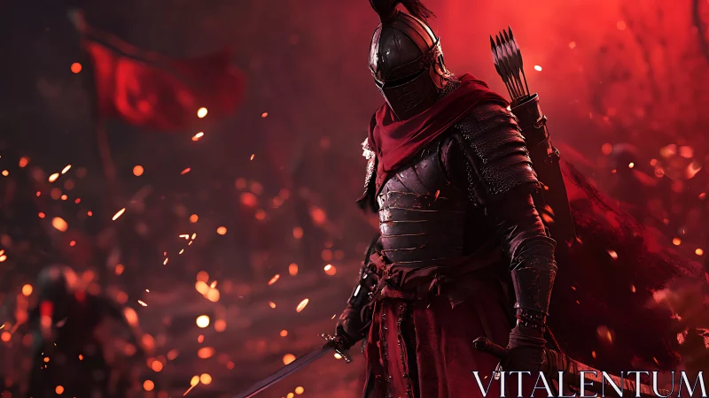 Armored swordsman in red-lit battlefield environment.