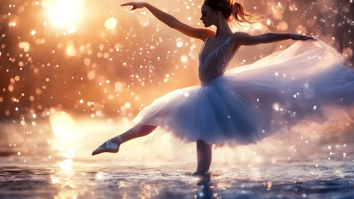 Ballerina dances through glowing water at luminous sunset.