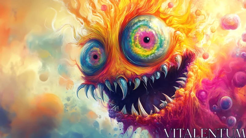 Flaming cosmic monster grins wide in chaotic neon storm