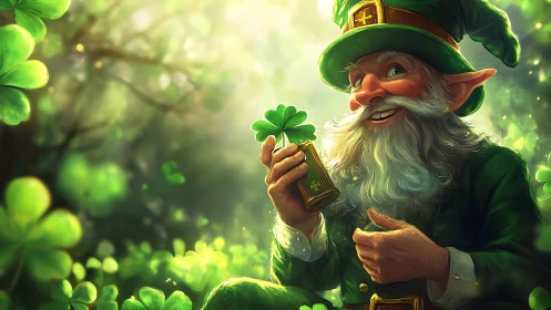 Whimsical leprechaun portrait in glowing clover forest light.