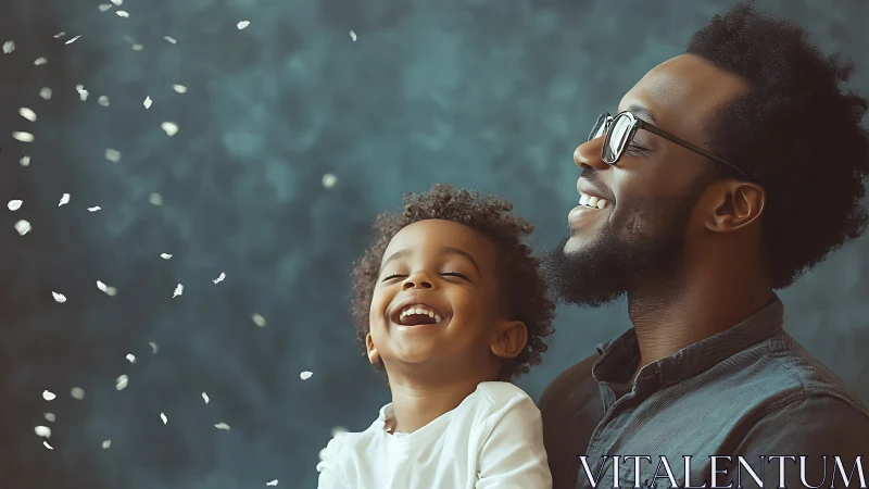 Father and Son Joyful Moment with Floating Particles.