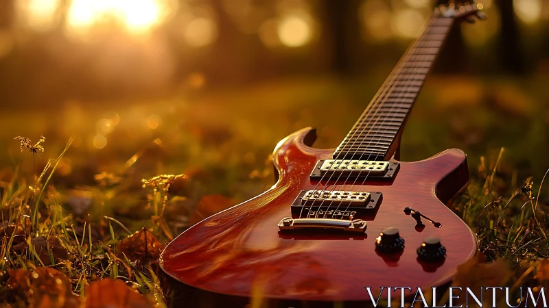 Photorealistic sunlit electric guitar in autumn field composition.