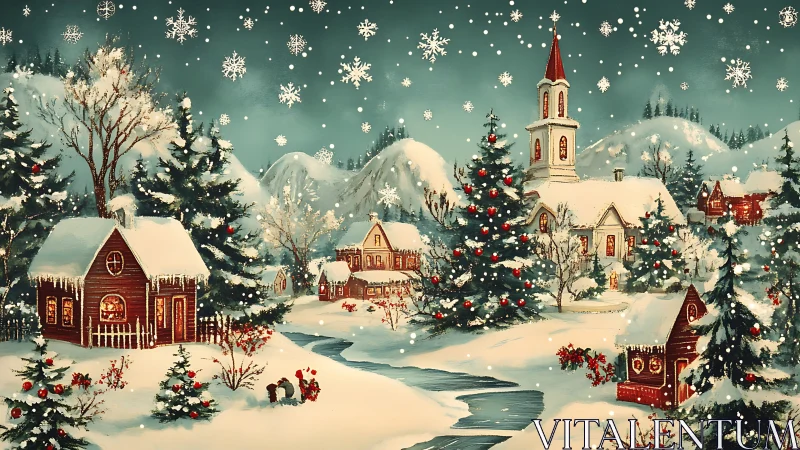 Snowy Christmas village glows under softly falling snowflakes